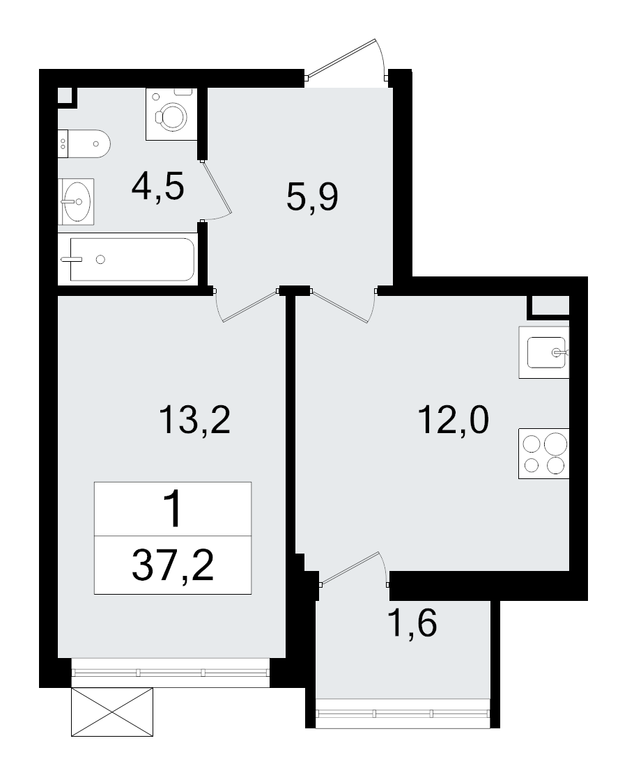 1-комнатная квартира, 37.2 м² - планировка, фото №1