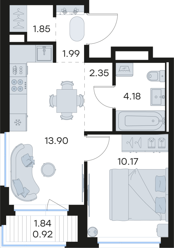2-комнатная (Евро) квартира, 35.36 м² в ЖК "GloraX Новоселье" - планировка, фото №1