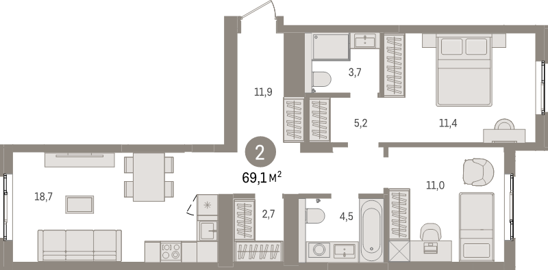3-комнатная (Евро) квартира, 69.1 м² в ЖК "Брусника в Новоселье" - планировка, фото №1