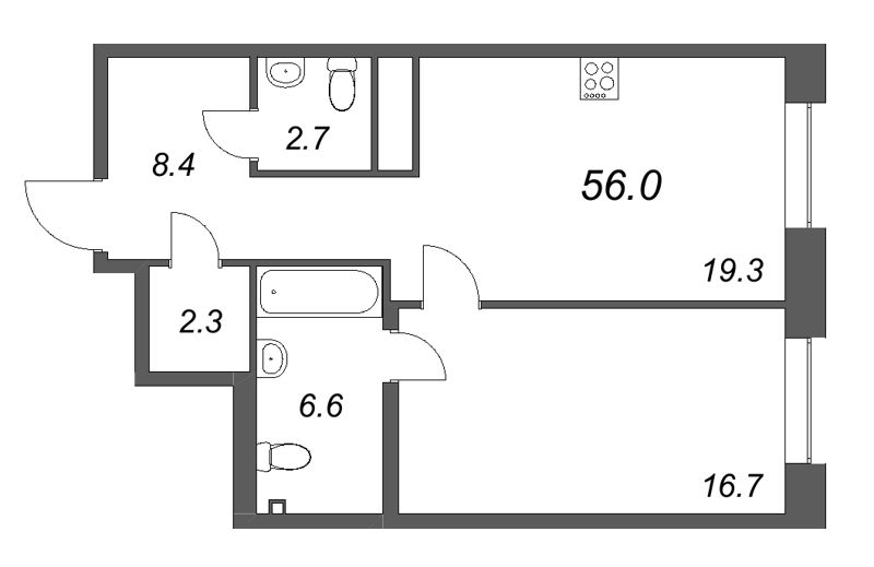 2-комнатная (Евро) квартира, 56 м² в ЖК "Коллекционер" - планировка, фото №1