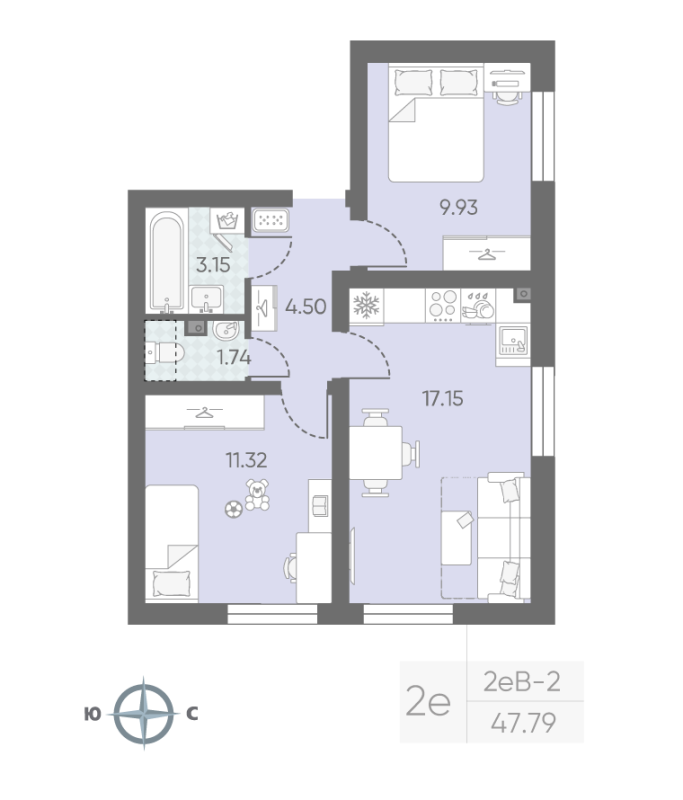 2-комнатная квартира, 47.87 м² в ЖК "Морская миля" - планировка, фото №1