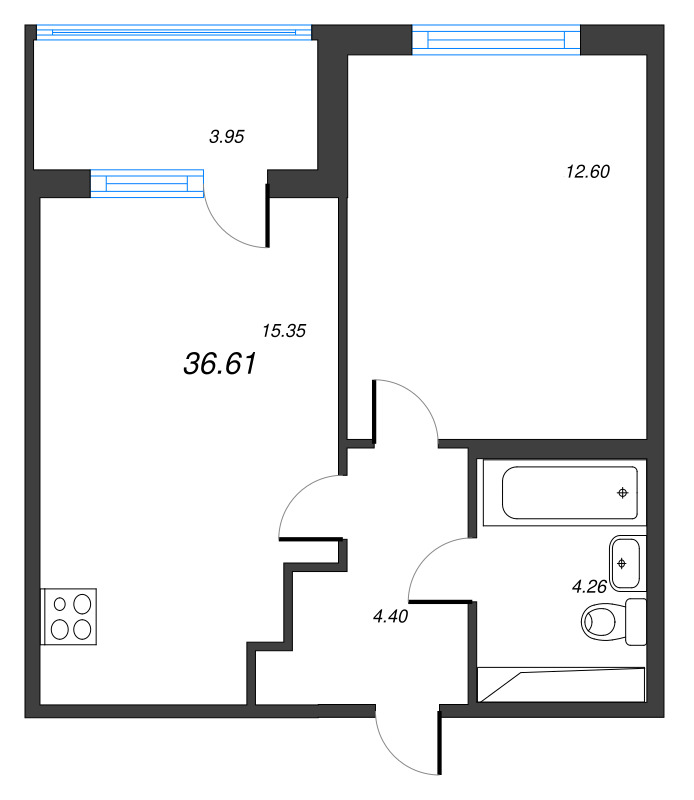 2-комнатная (Евро) квартира, 36.61 м² в ЖК "ЮгТаун" - планировка, фото №1