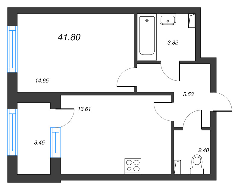 1-комнатная квартира, 41.8 м² в ЖК "Кронфорт. Центральный" - планировка, фото №1