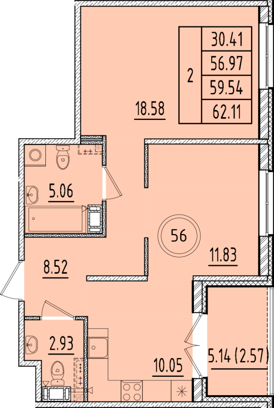 2-комнатная квартира, 56.97 м² в ЖК "Образцовый квартал 17" - планировка, фото №1