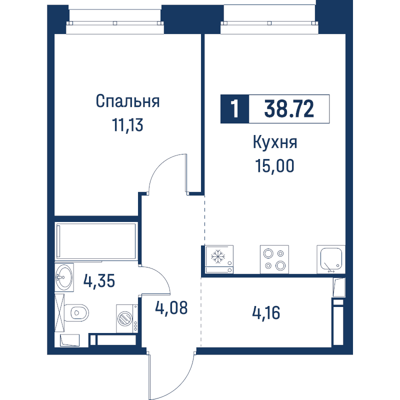 2-комнатная (Евро) квартира, 38.72 м² в ЖК "Символист" - планировка, фото №1