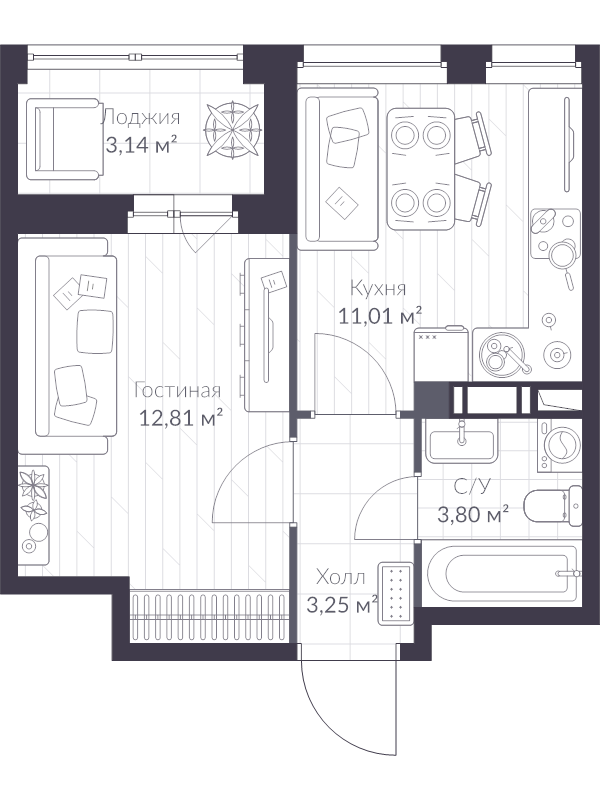 1-комнатная квартира, 32.9 м² в ЖК "VEREN NEXT шуваловский" - планировка, фото №1
