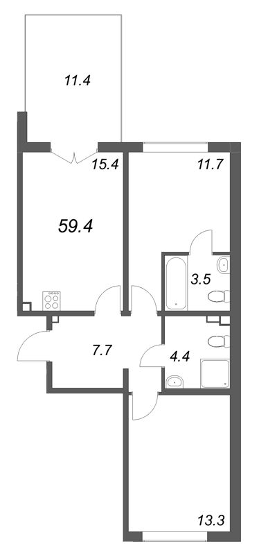 3-комнатная (Евро) квартира, 59.4 м² в ЖК "Пулково Лейк" - планировка, фото №1