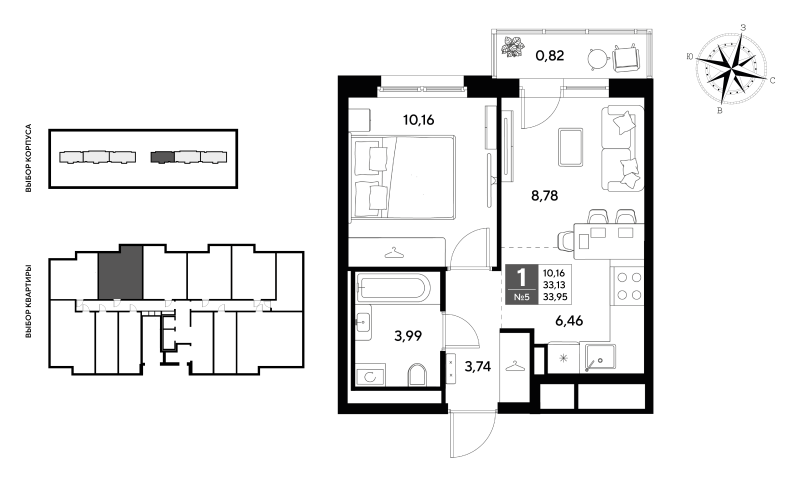 2-комнатная (Евро) квартира, 33.95 м² в ЖК "Догма Юкки" - планировка, фото №1