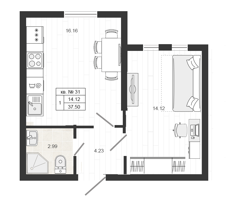 2-комнатная (Евро) квартира, 37.5 м² в ЖК "Верево Сити" - планировка, фото №1