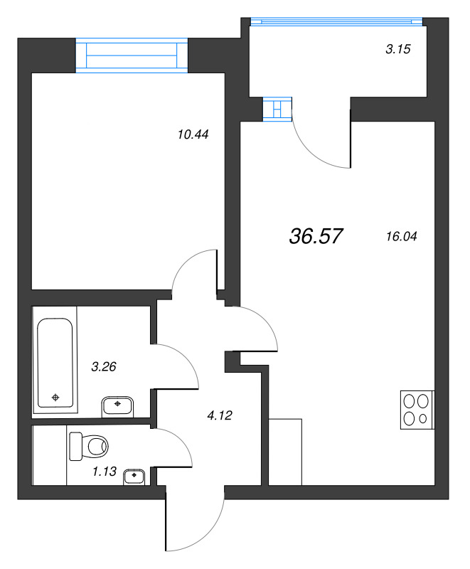 2-комнатная (Евро) квартира, 36.57 м² - планировка, фото №1