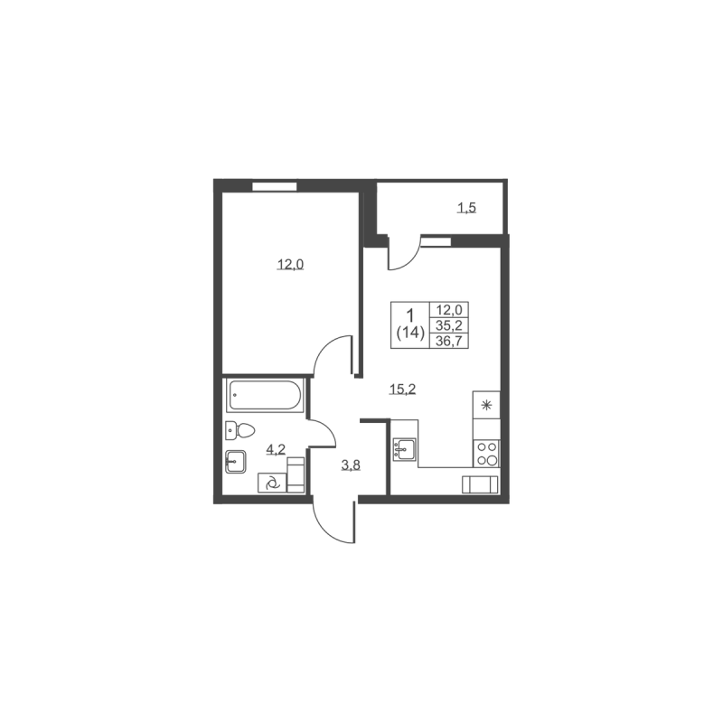 2-комнатная (Евро) квартира, 36.7 м² - планировка, фото №1