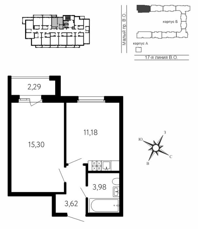 1-комнатная квартира, 34.77 м² в ЖК "17-я линия" - планировка, фото №1