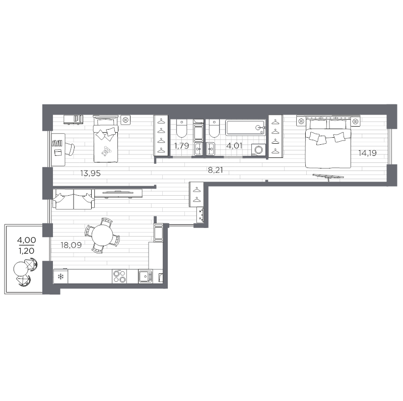 3-комнатная (Евро) квартира, 61.44 м² в ЖК "Сезоны" - планировка, фото №1