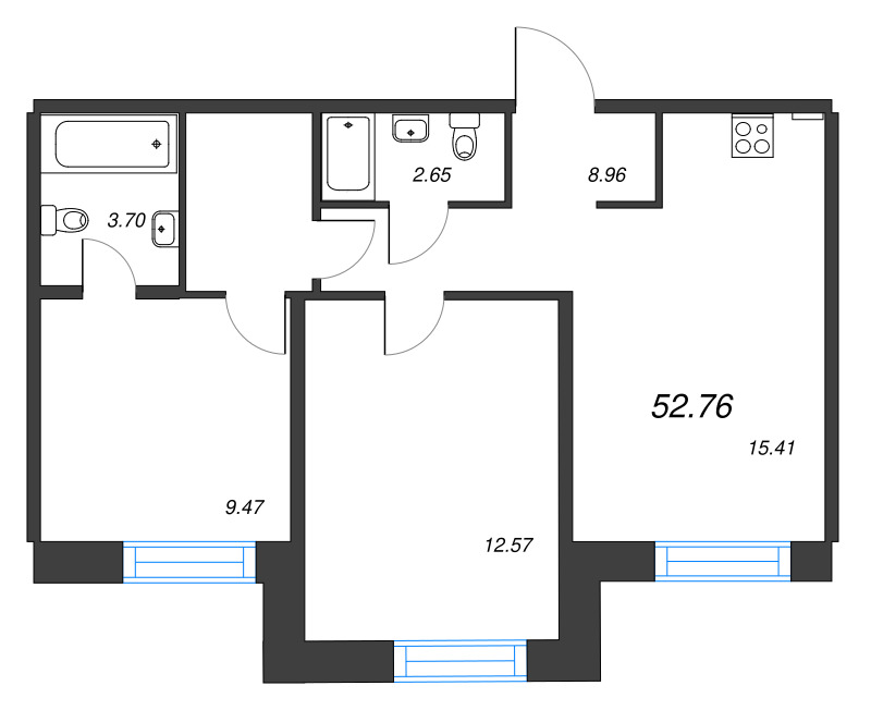 3-комнатная (Евро) квартира, 52.76 м² в ЖК "Alpen" - планировка, фото №1