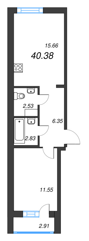 2-комнатная (Евро) квартира, 40.38 м² в ЖК "ID Murino III" - планировка, фото №1