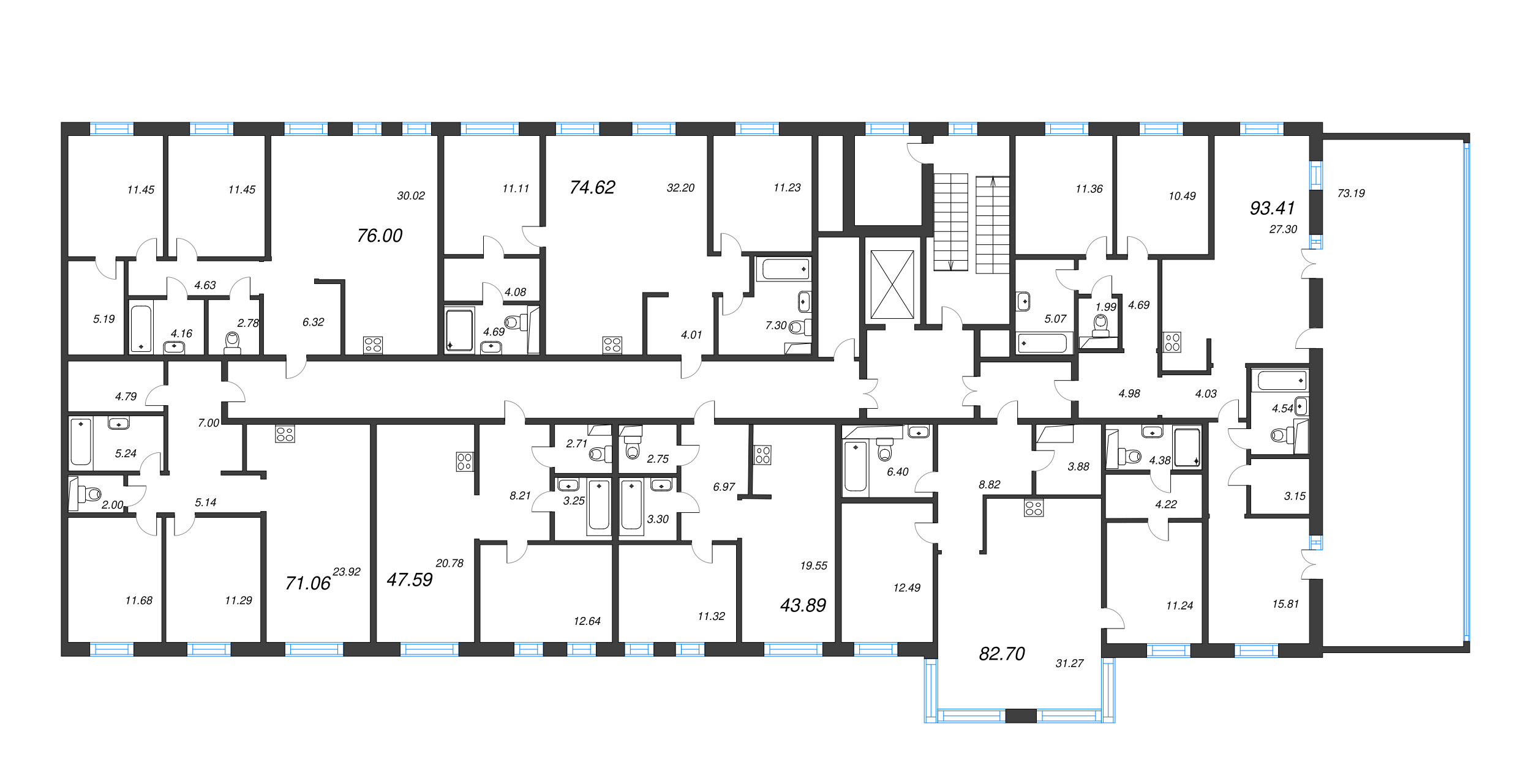 3-комнатная (Евро) квартира, 71.06 м² - планировка этажа