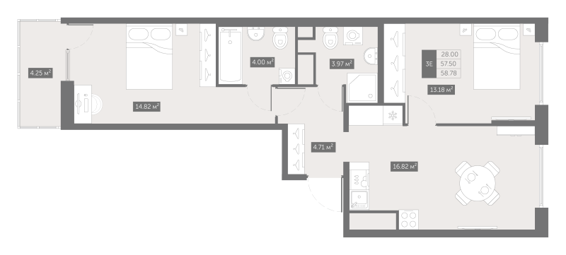 3-комнатная (Евро) квартира, 59.2 м² - планировка, фото №1