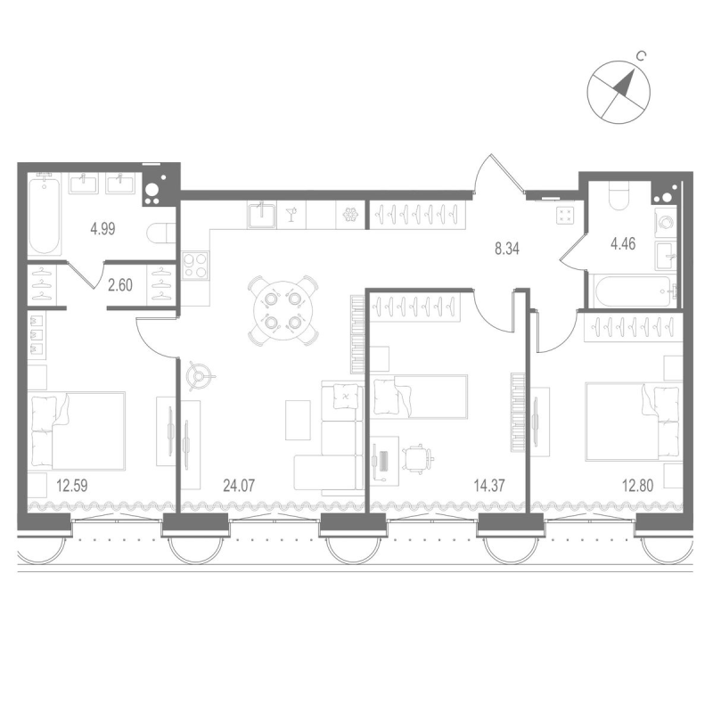 4-комнатная (Евро) квартира, 84.22 м² в ЖК "Остров Первых" - планировка, фото №1