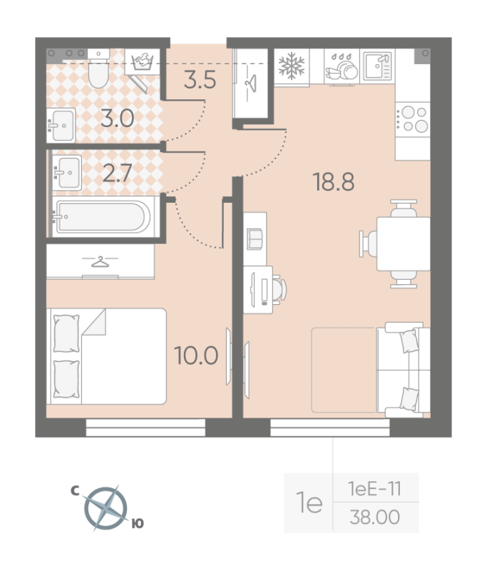 2-комнатная (Евро) квартира, 38 м² в ЖК "Пулково Lake" - планировка, фото №1