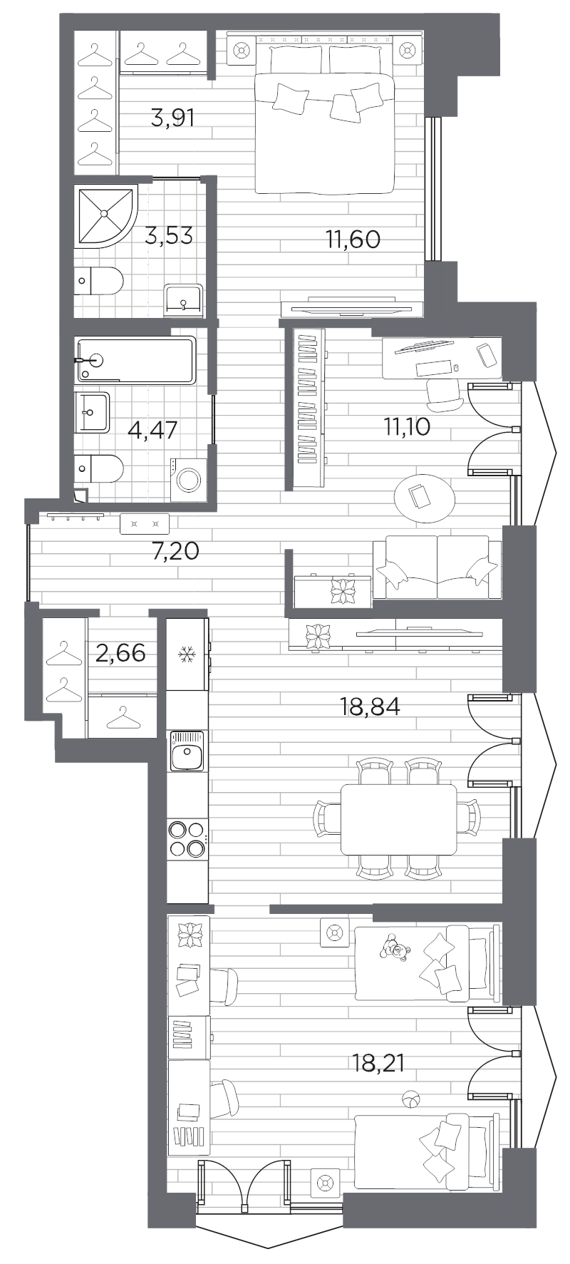 4-комнатная (Евро) квартира, 81.52 м² в ЖК "Галерная гавань" - планировка, фото №1