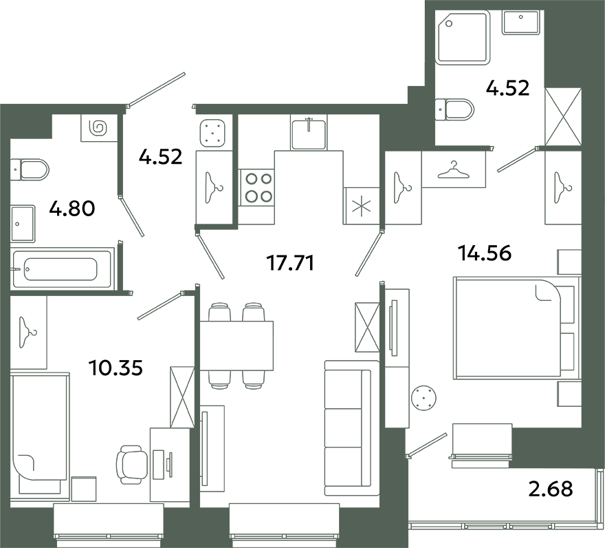 3-комнатная (Евро) квартира, 57.8 м² в ЖК "Загляденье" - планировка, фото №1