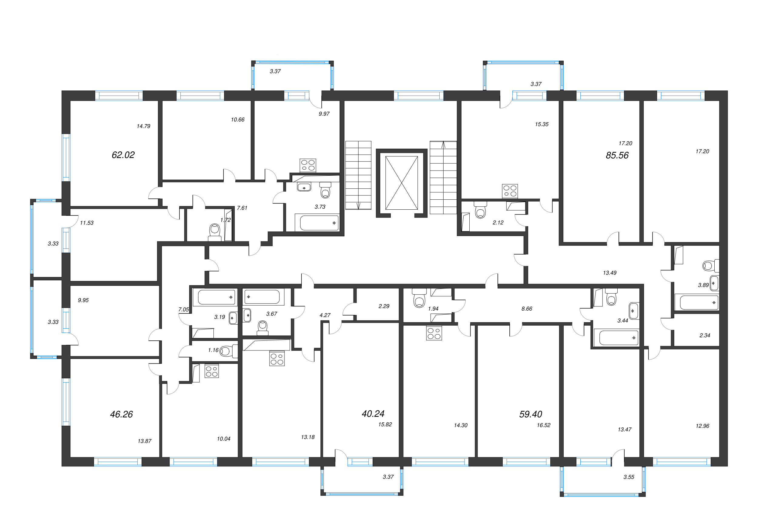 4-комнатная (Евро) квартира, 87.92 м² - планировка этажа