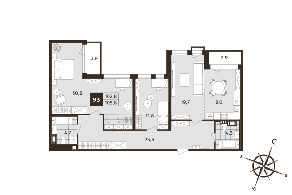 3-комнатная (Евро) квартира, 102.8 м² в ЖК "Дом на Бронницкой" - планировка, фото №1