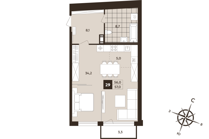 Квартира-студия, 56 м² в ЖК "Дом на Бронницкой" - планировка, фото №1
