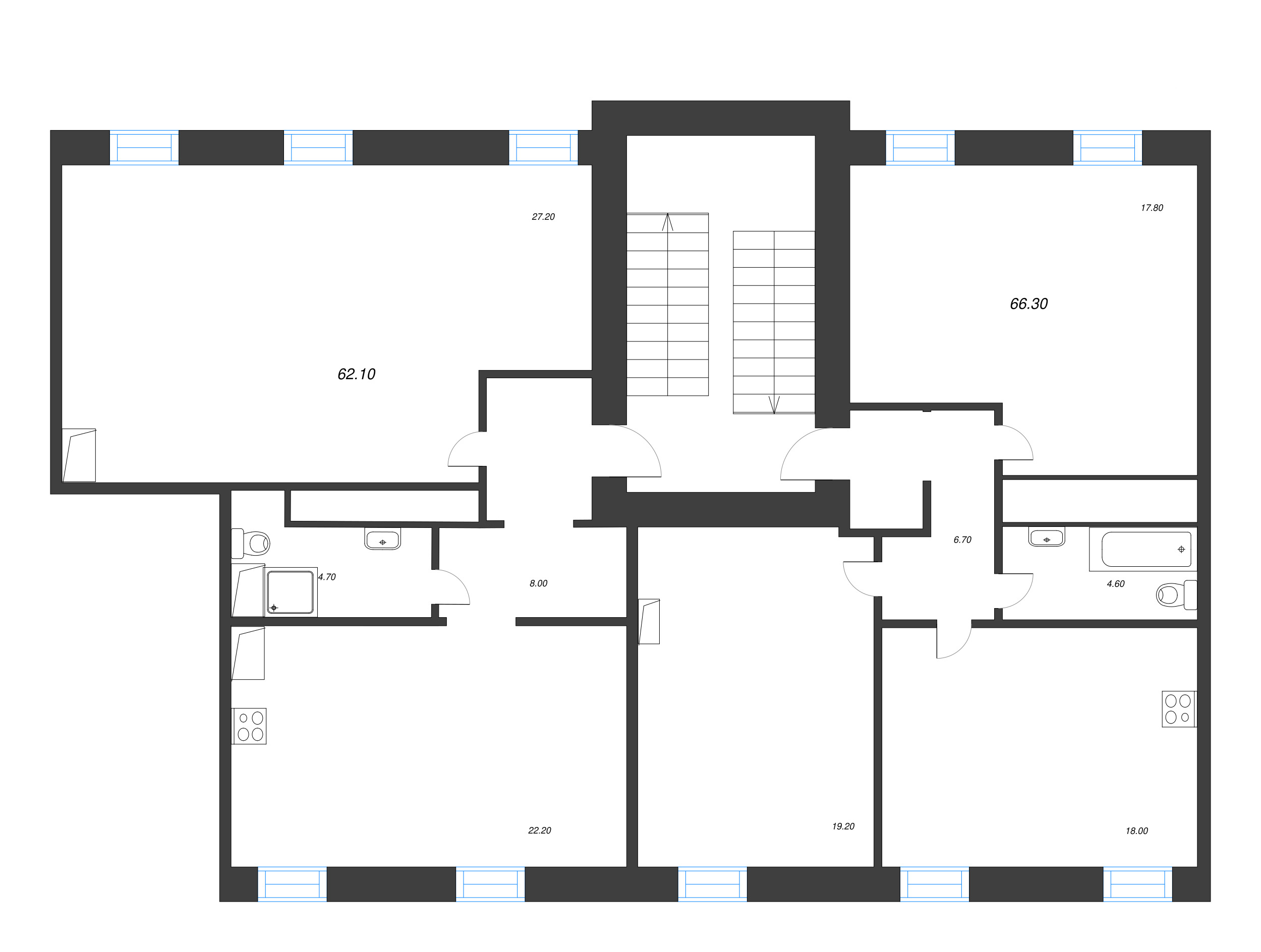 2-комнатная квартира, 68.9 м² в ЖК "Крона" - планировка этажа