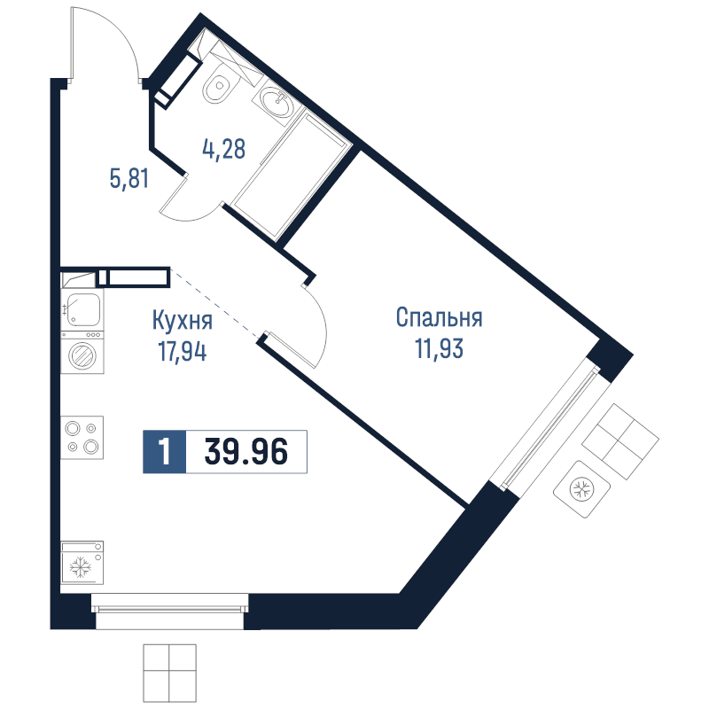 2-комнатная (Евро) квартира, 39.96 м² в ЖК "Максималист" - планировка, фото №1