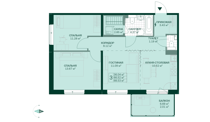 3-комнатная (Евро) квартира, 68.52 м² в ЖК "Grona Lund" - планировка, фото №1