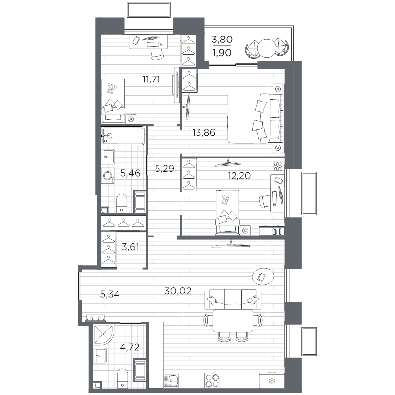 4-комнатная (Евро) квартира, 94.11 м² в ЖК "Respect" - планировка, фото №1