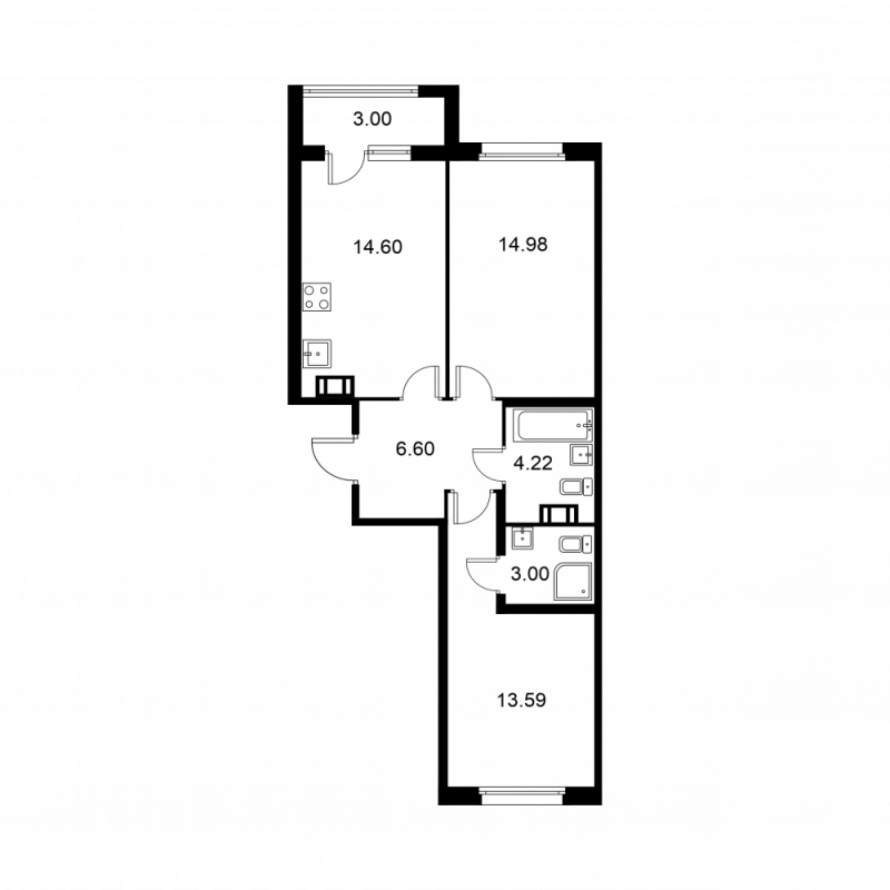 2-комнатная квартира, 58.49 м² - планировка, фото №1