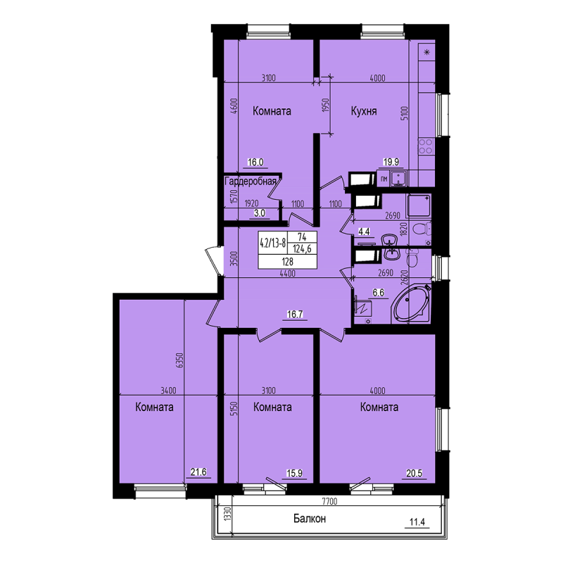 5-комнатная (Евро) квартира, 128 м² - планировка, фото №1