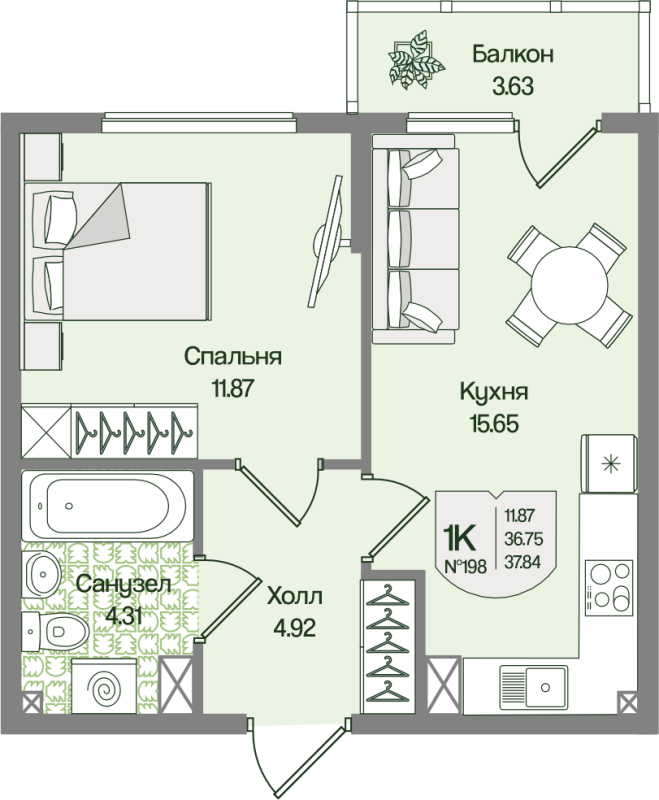 2-комнатная (Евро) квартира, 37.83 м² в ЖК "Охтинские высоты" - планировка, фото №1