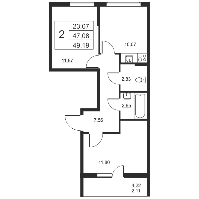 2-комнатная квартира, 49.19 м² в ЖК "Высота" - планировка, фото №1