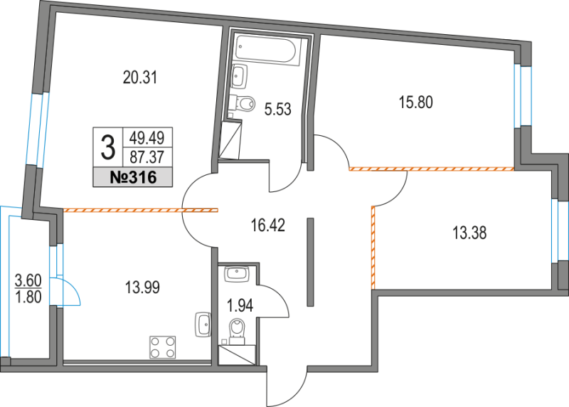 3-комнатная квартира, 87.37 м² в ЖК "Приморский квартал" - планировка, фото №1