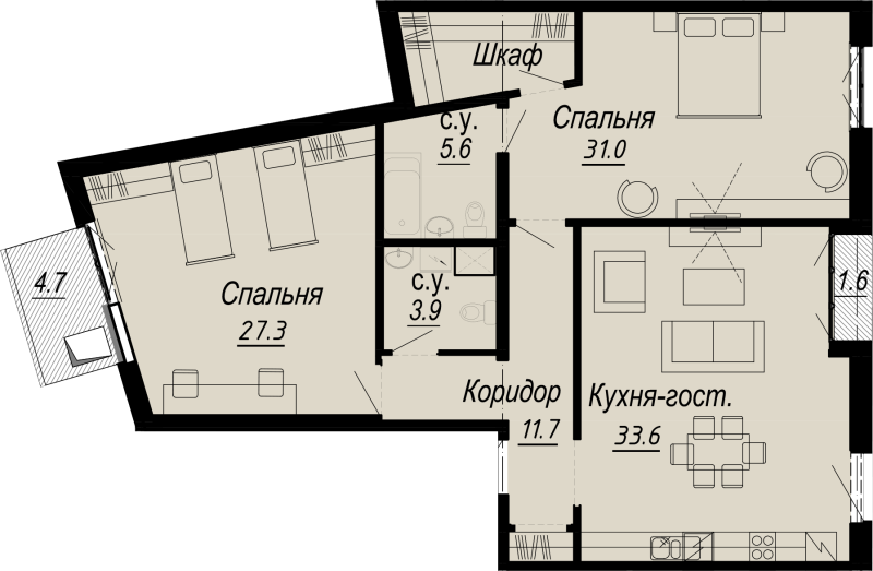 2-комнатная квартира, 117.61 м² - планировка, фото №1