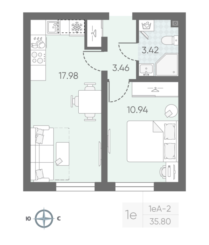 1-комнатная квартира, 35.8 м² в ЖК "Морская миля" - планировка, фото №1