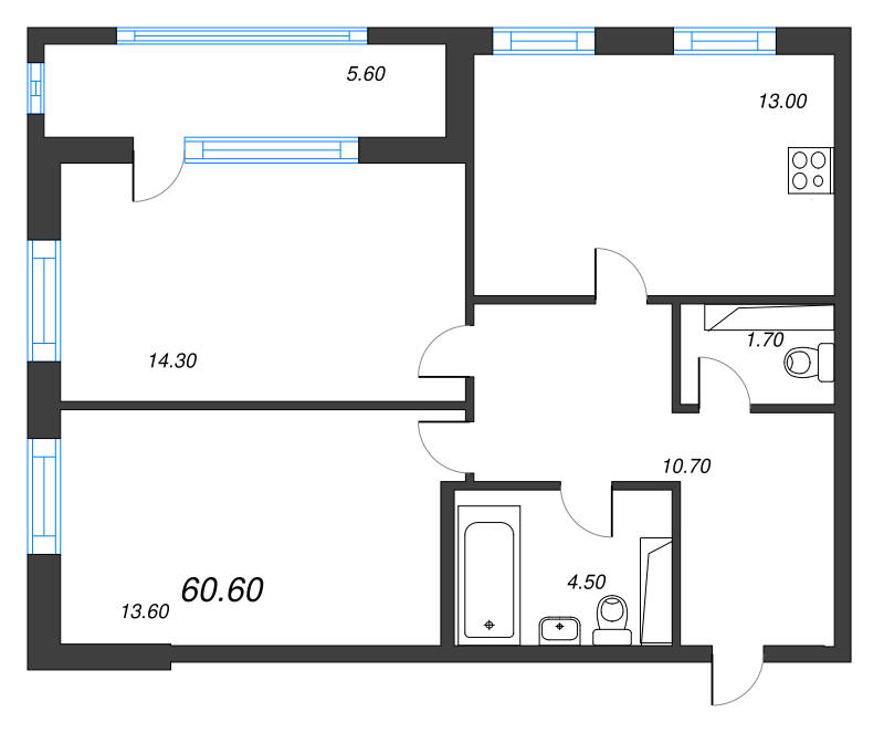 2-комнатная квартира, 60.6 м² в ЖК "Тайм Сквер" - планировка, фото №1