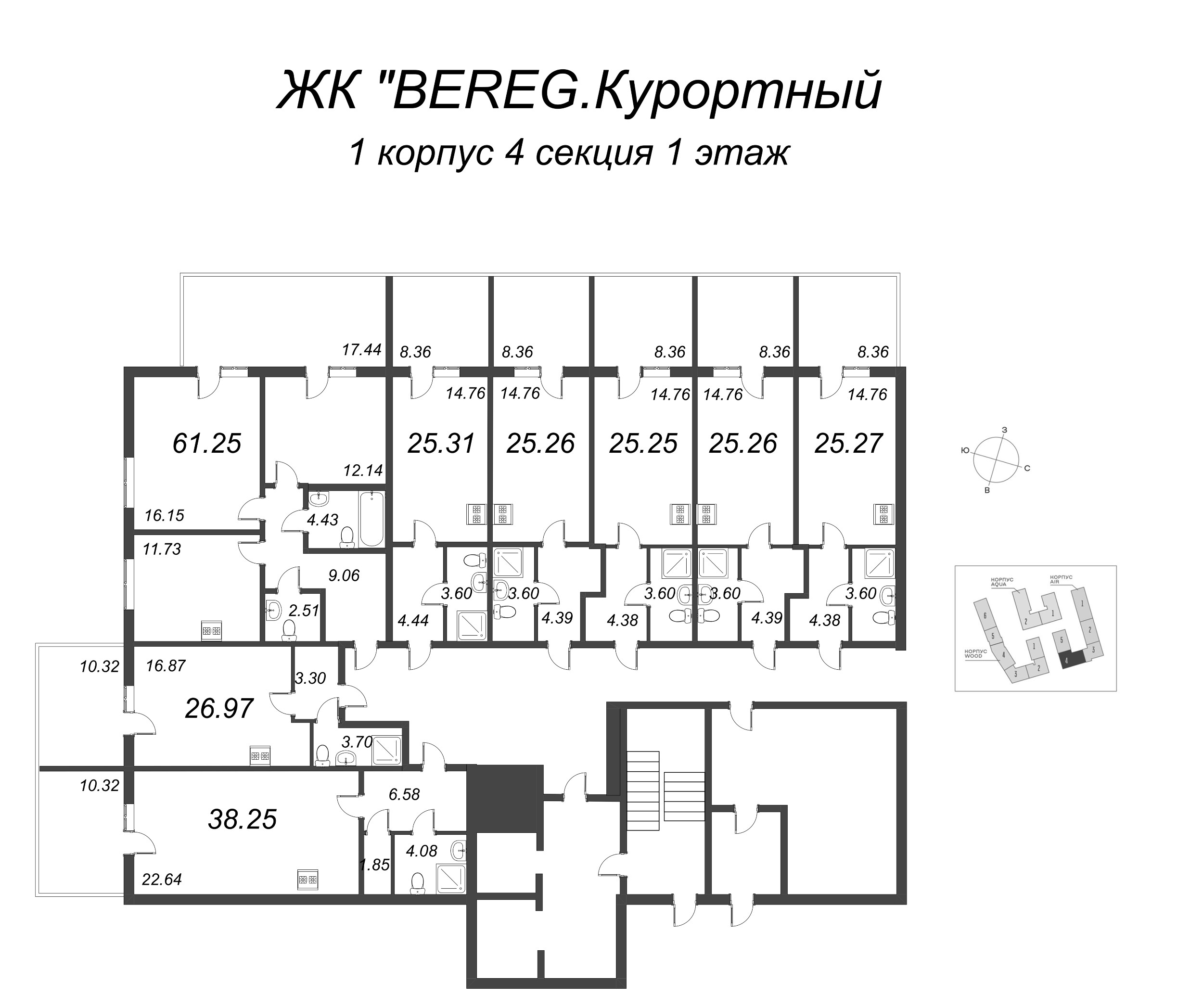 2-комнатная квартира, 61.25 м² в ЖК "Bereg. Курортный" - планировка этажа