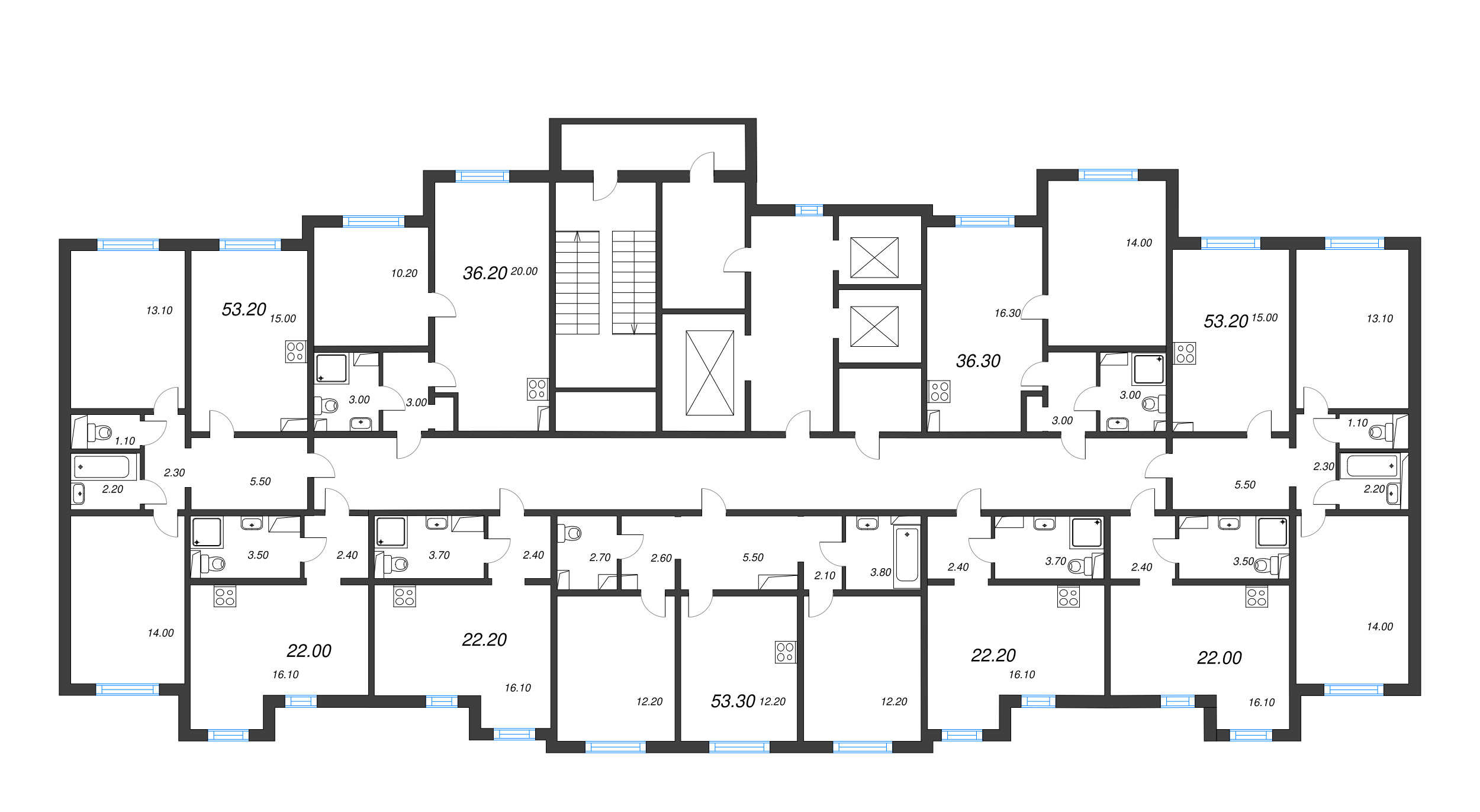 3-комнатная (Евро) квартира, 53.2 м² в ЖК "Цветной город" - планировка этажа