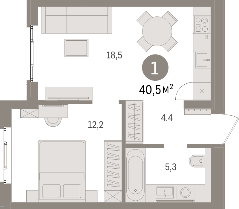 2-комнатная (Евро) квартира, 40.5 м² в ЖК "Брусника в Новоселье" - планировка, фото №1
