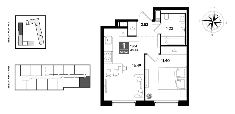 2-комнатная (Евро) квартира, 34.44 м² в ЖК "Догма Юкки 2" - планировка, фото №1