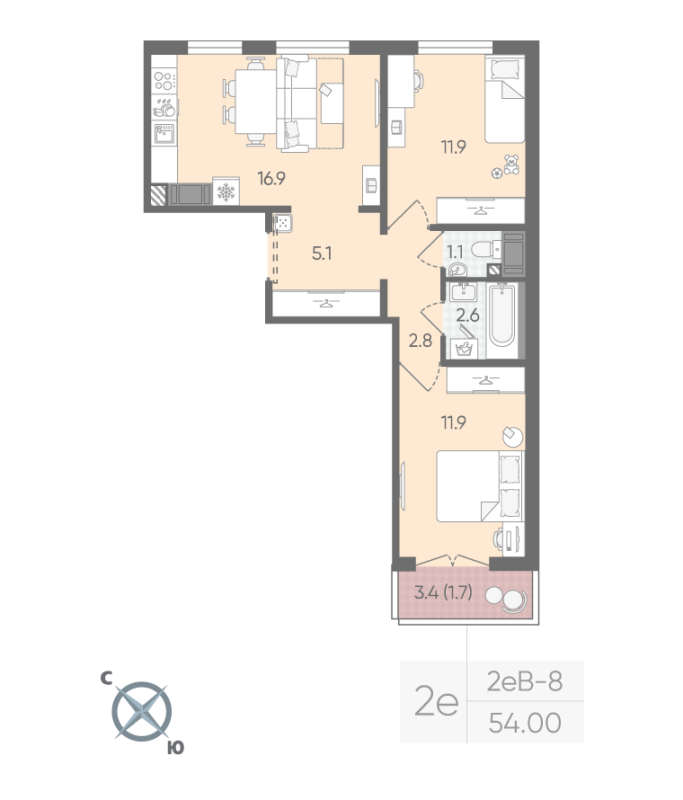 2-комнатная (Евро) квартира, 54 м² в ЖК "Пейзажный квартал" - планировка, фото №1