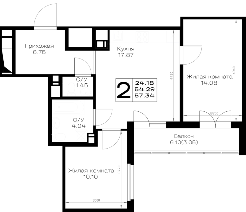 3-комнатная (Евро) квартира, 57.34 м² в ЖК "Борский" - планировка, фото №1