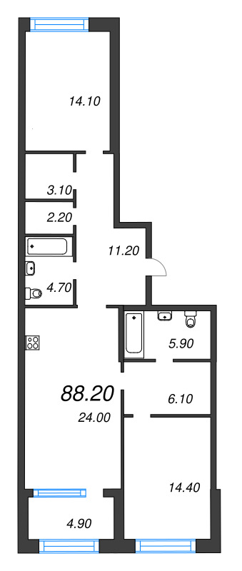 3-комнатная (Евро) квартира, 88.2 м² - планировка, фото №1