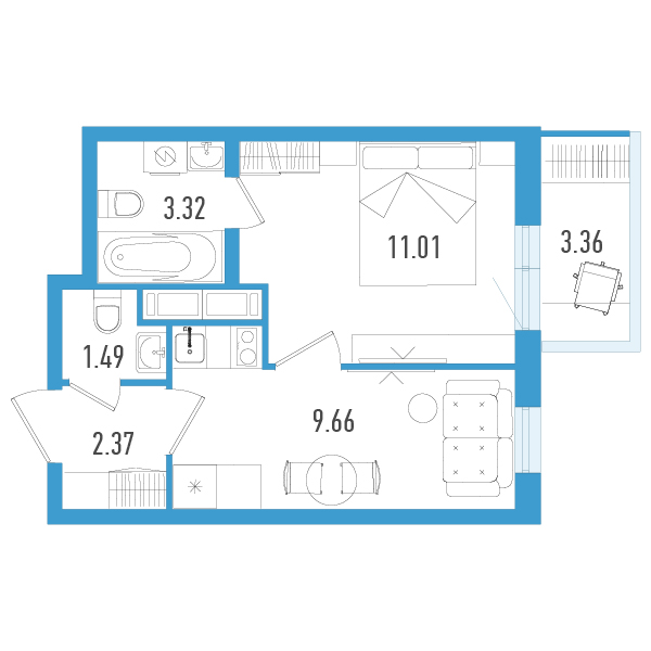 1-комнатная квартира, 28.86 м² - планировка, фото №1