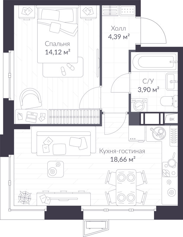 2-комнатная (Евро) квартира, 41.07 м² - планировка, фото №1