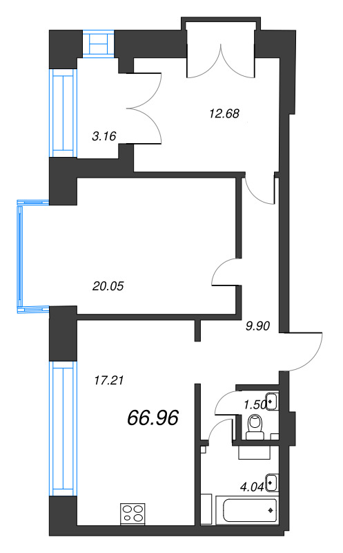 3-комнатная (Евро) квартира, 66.96 м² в ЖК "Наука" - планировка, фото №1